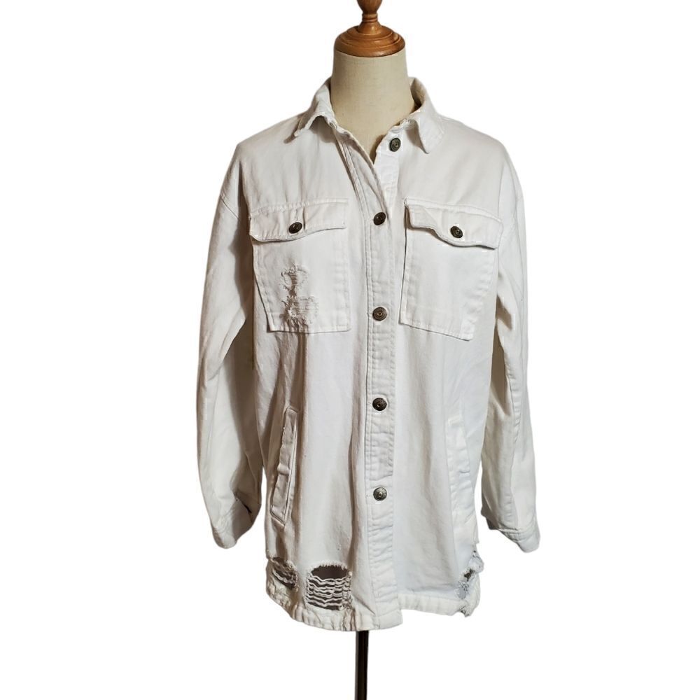 Divided White Distressed Shacket Denim Shirt Jacket Runs Large
